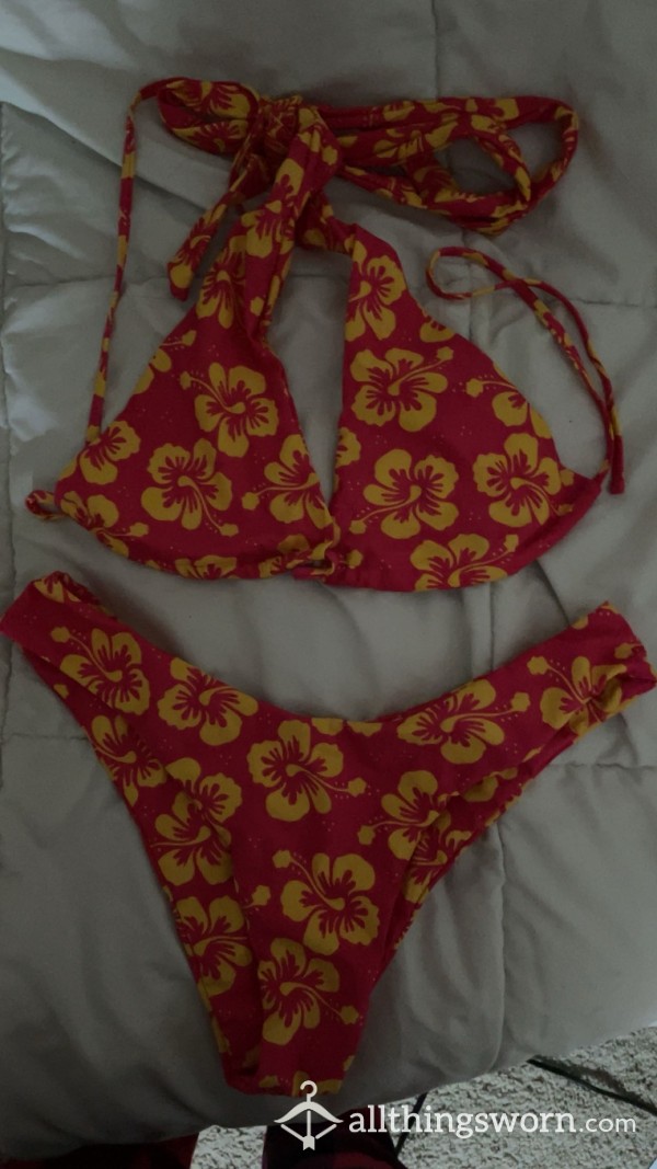 Flower Print Pink And Yellow Bikini Set