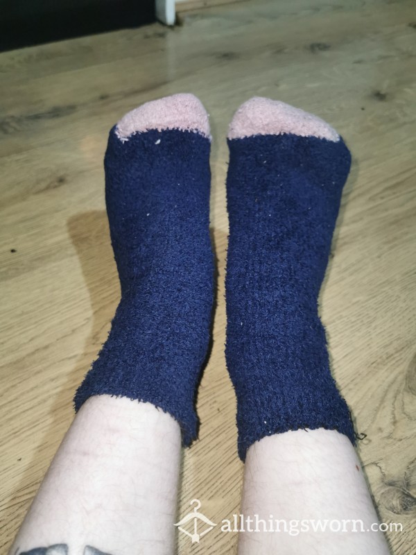 Fluffy Dirty, Sweaty Blue And Pink Socks On Petite Size 4 Feet