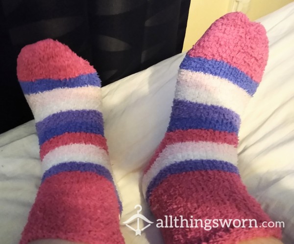 Well Worn Fluffy Pink Purple Striped Socks Size 7-8 💜 48 Hour Wear Included 💜 More Days + Extra Sweat Available