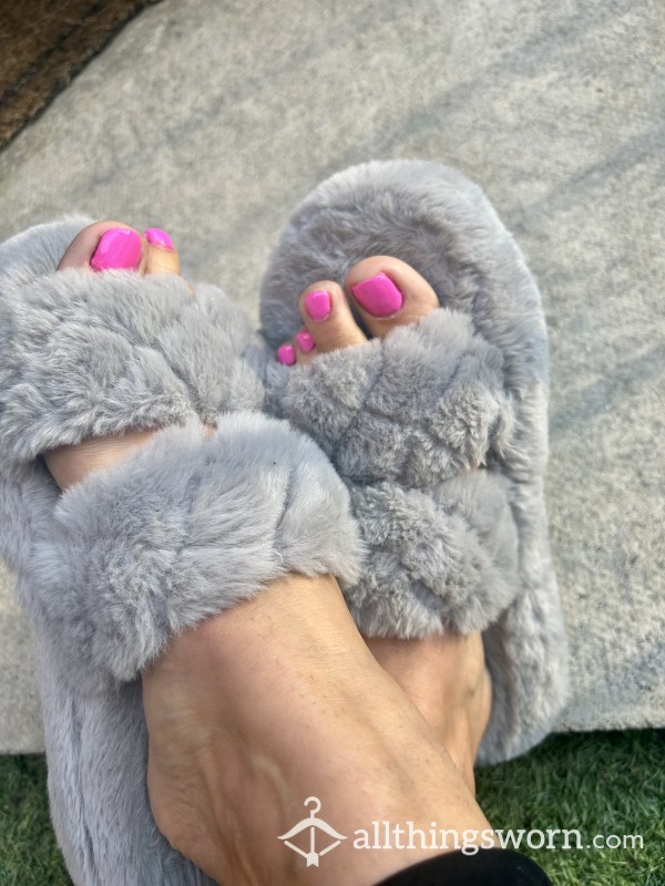 Little Wet Fluffy Slippers Well Worn Pink Toe Nails