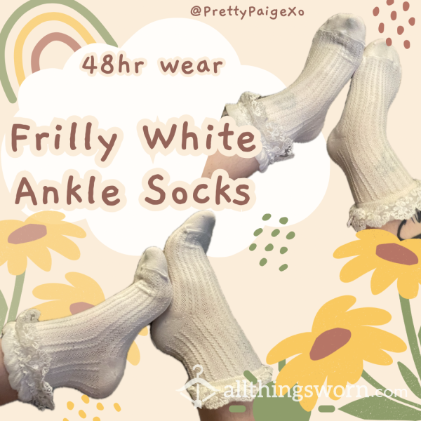 Frilly White Ankle Socks 👣 Thick Cotton With Ruffles 💗 Worn 48hrs 🫶🏼😘
