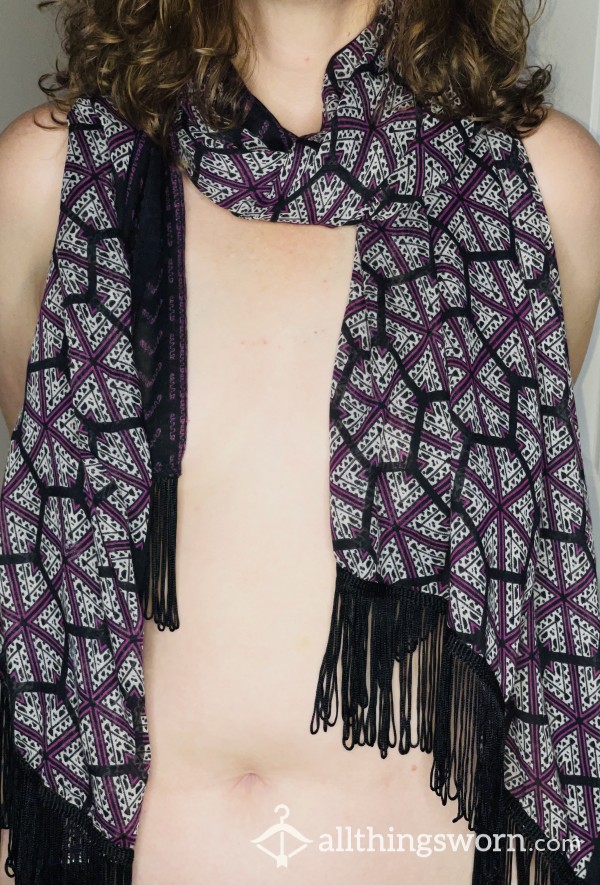 Fringed, Purple And Black Patterned Scarf