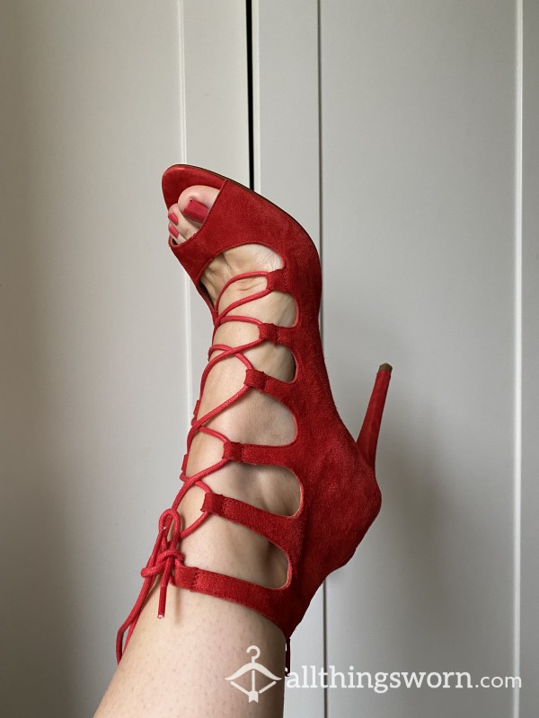 Fuck Me Shoes | Red Lace Up Heels | Worn