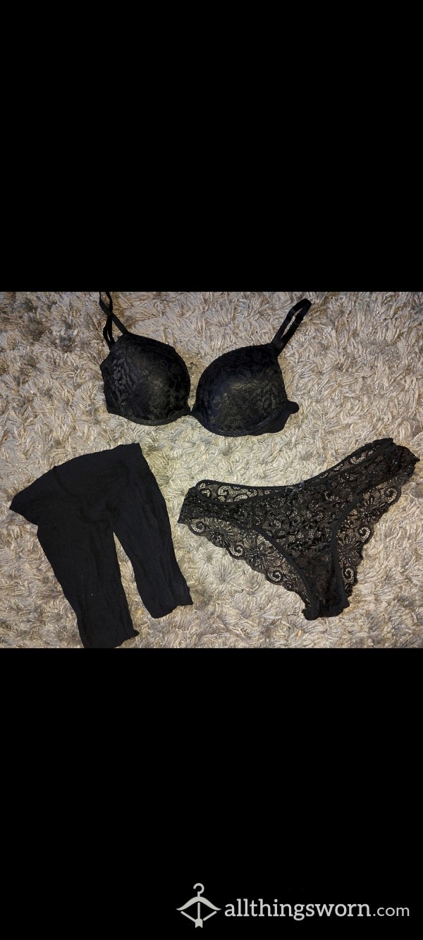 🖤Black Nylons, Bra & Lace Panty Set🖤