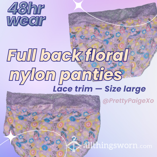 Full Back Floral Nylon Panties 🩵 Lace Trim, Large 🩷 48hr Wear 🫶🏼