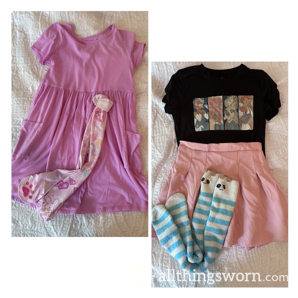 Full Outfit | Size Small, Girly | Pink Dress, Pink Skirt | Thigh High Socks | Princess, Kawaii | Fuzzy Socks