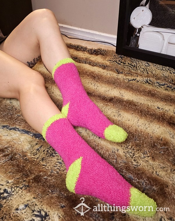 Furry Socks Bright Neon Green & Pink Fluffy Socks Tall Socks Asian Japanese Feet Tiny Small Feet & Legs