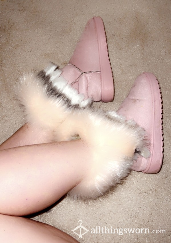 Furry Worn Pink Feathery Winter Boots