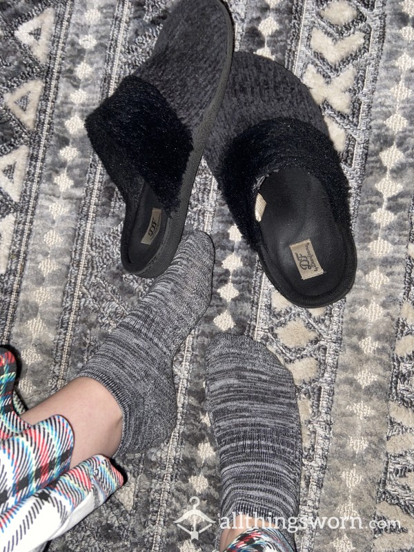 Fuzzy Black Worn-Out Slippers!