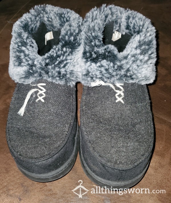 Fuzzy Hard Bottomed STINKY Slippers Worn For Months BAREFOOT