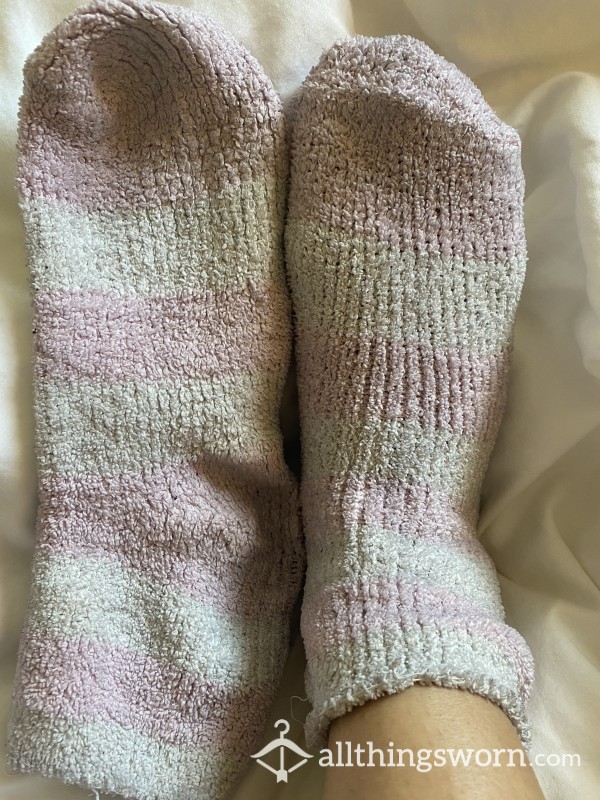 Fuzzy Pink And White Striped Socks