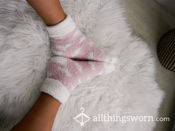 Fuzzy Pink Socks With White Hearts