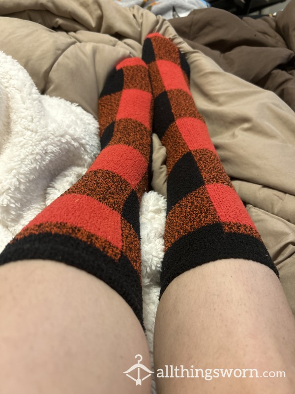 Fuzzy Plaid Thigh High Socks