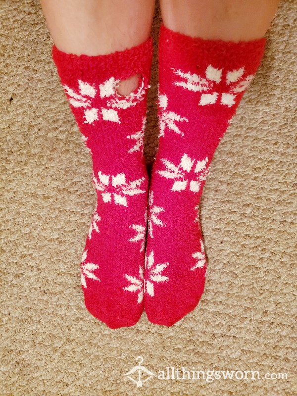 Fuzzy Socks Well Worn Red With White Snowflakes
