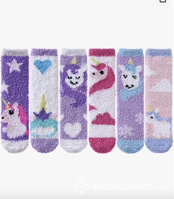 Fuzzy Unicorn Socks!  ;)  Fluffy, Fuzzy, Adorable, And Stanky!  Sleep Socks And Household Socks + Donation Included For #TrevorProject!  Xx