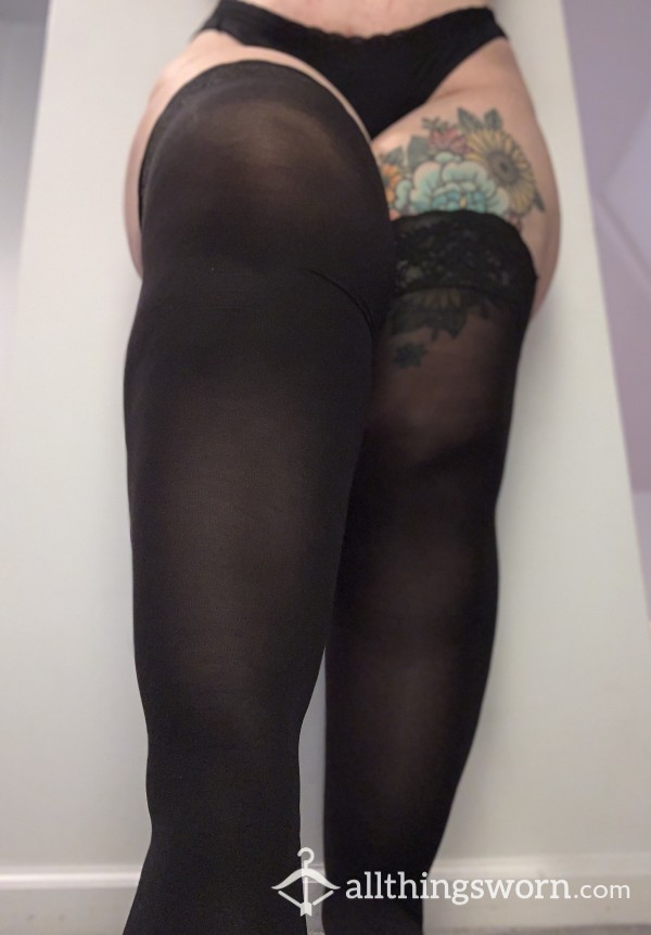Gently Worn Black Thigh High Tights, Lace Edge