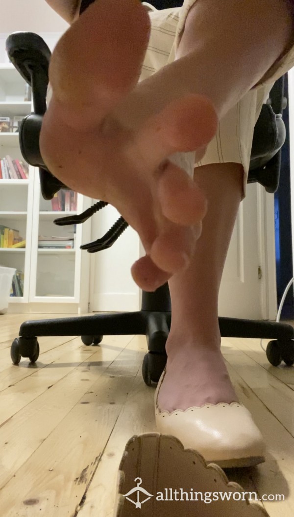 Get Under My Desk ~ Bare Feet And Beige Flats