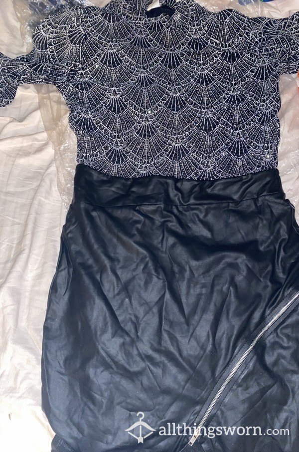 Glittery And Black Leather Dress Size L
