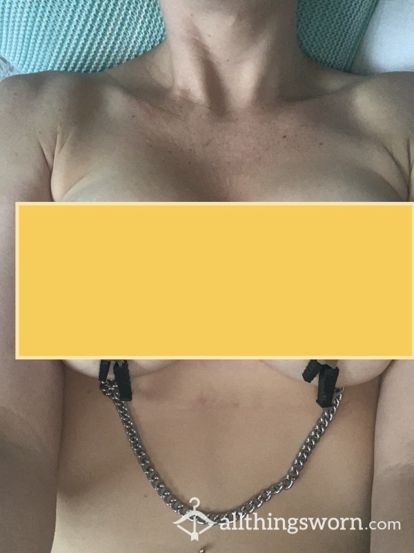 Gold Harness, Nipple Clamps, Boobs And Butt Plug.