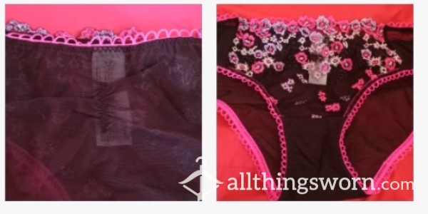 Gorgeous Black Embroidered Sheer Panties, Size SMALL. See-through With Pink And White Accents.