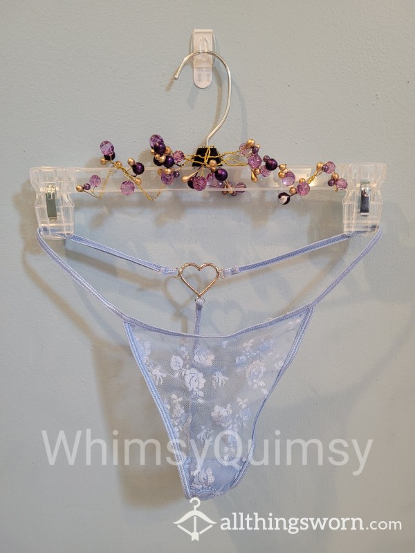 Gorgeous Blue Lace Thong With Bejeweled Heart In Back