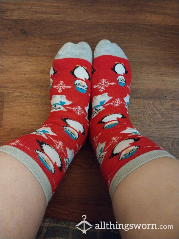 Gray And Red Penguin High Socks
