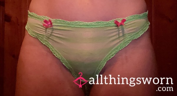 Green And White Thong With Pink Bows, Silky Soft