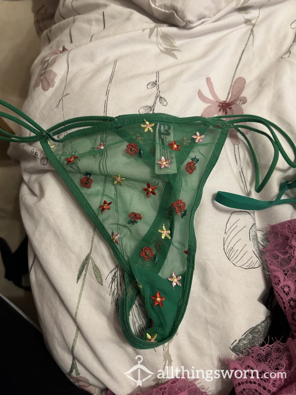 Green Floral Thongs, Worn For 24 Hours