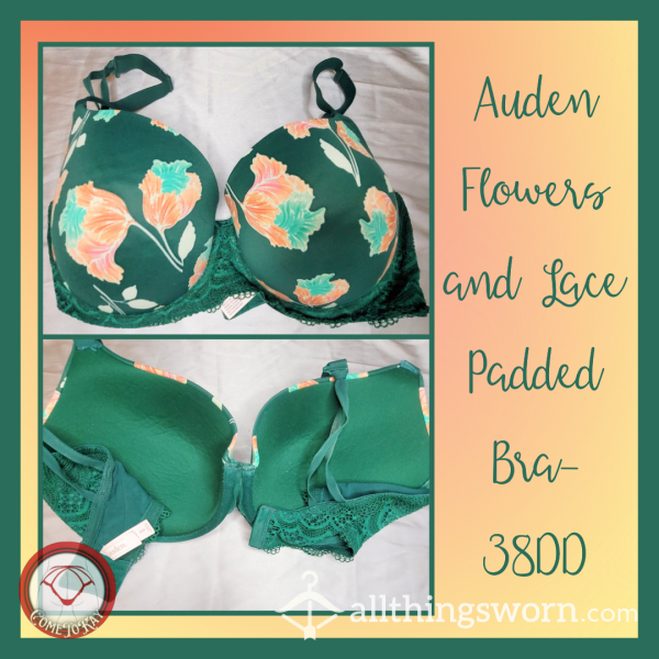Green Flower Pattern Padded Bra With Lace Band - 38DD