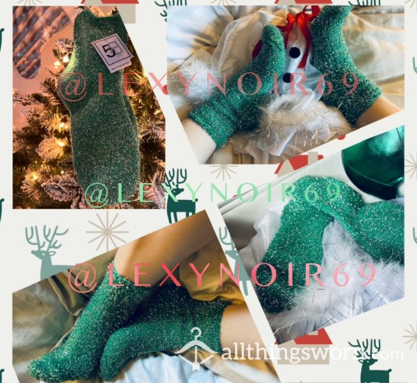 Green Fuzzy Xmas Tinsel Socks