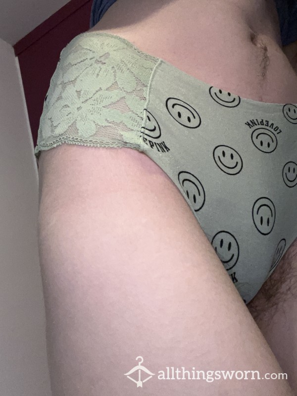 Green PINK Cheeky Thong With Smiley Face Decoration And Lace Sides
