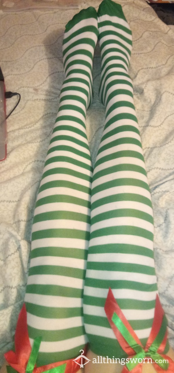 Green & White Striped Knee High Socks With Red & Green Bow