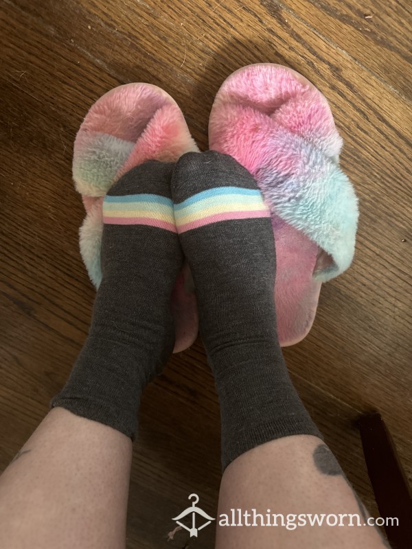 Grey And Bright Rainbow Crew Socks
