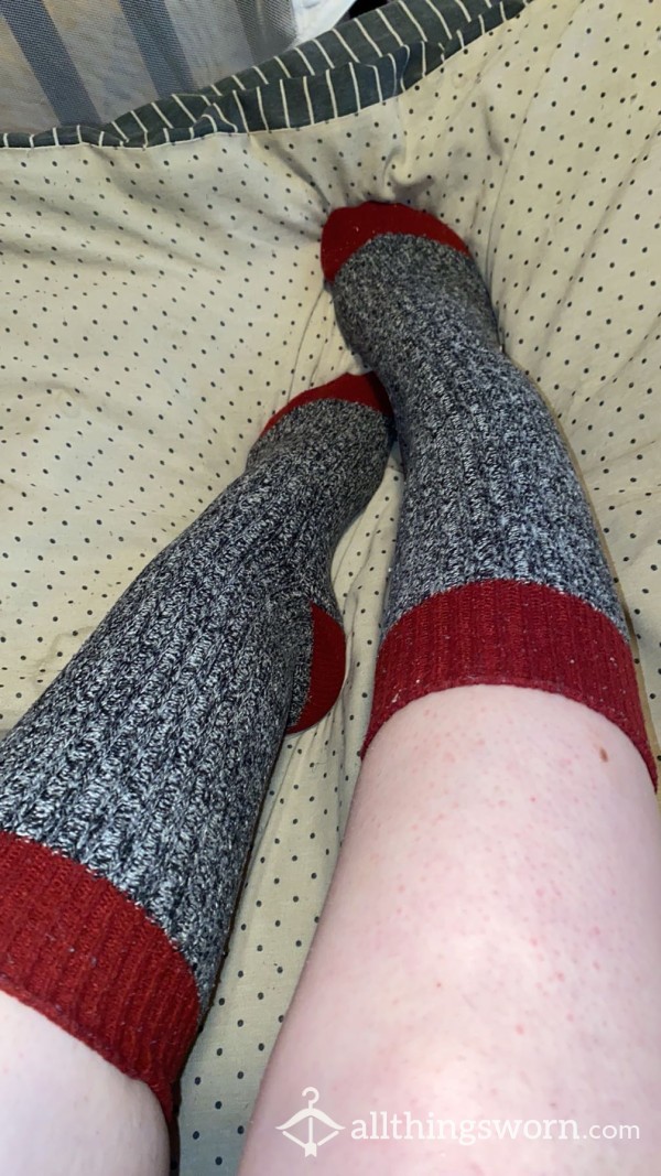 Grey And Red Wool Tall Boot Socks