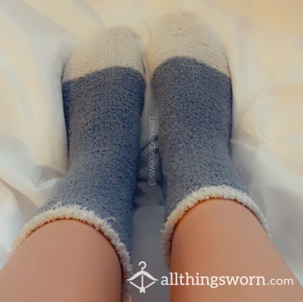 Grey And White Fuzzy Bed Socks Worn For 24 Hours