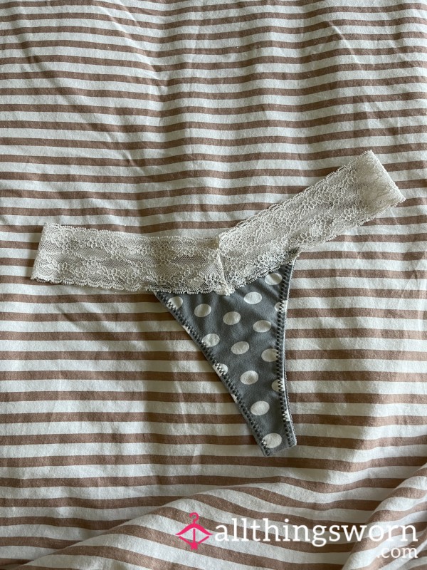 Grey And White Polka Dot Thong With Lace