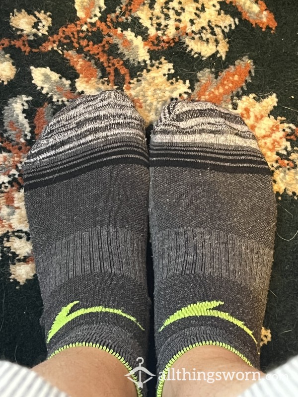 (PENDING) Grey Ankle Socks With Black And White Stripes, And Green Trim