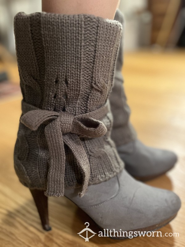 Grey High Heel Ankle Boots With Knitted Wool