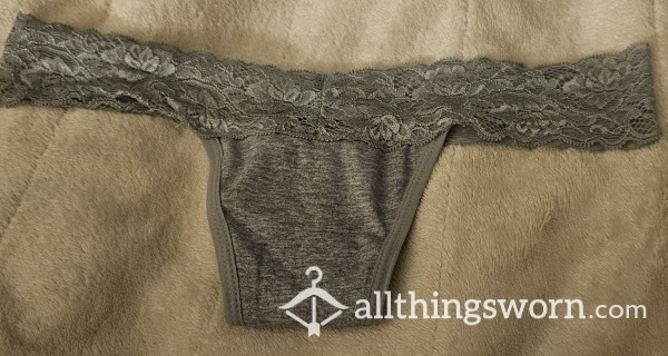 Grey Cotton And Lace Thongs