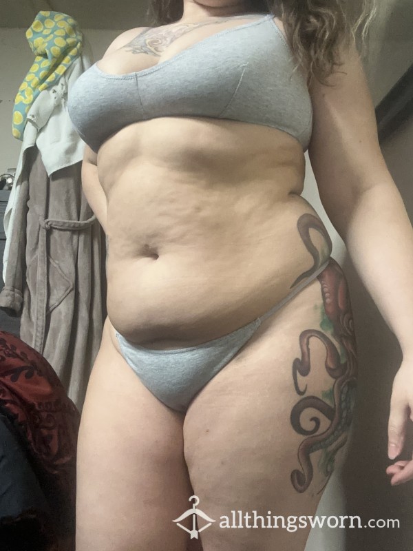 Grey Cotton Bralette And Thong Set