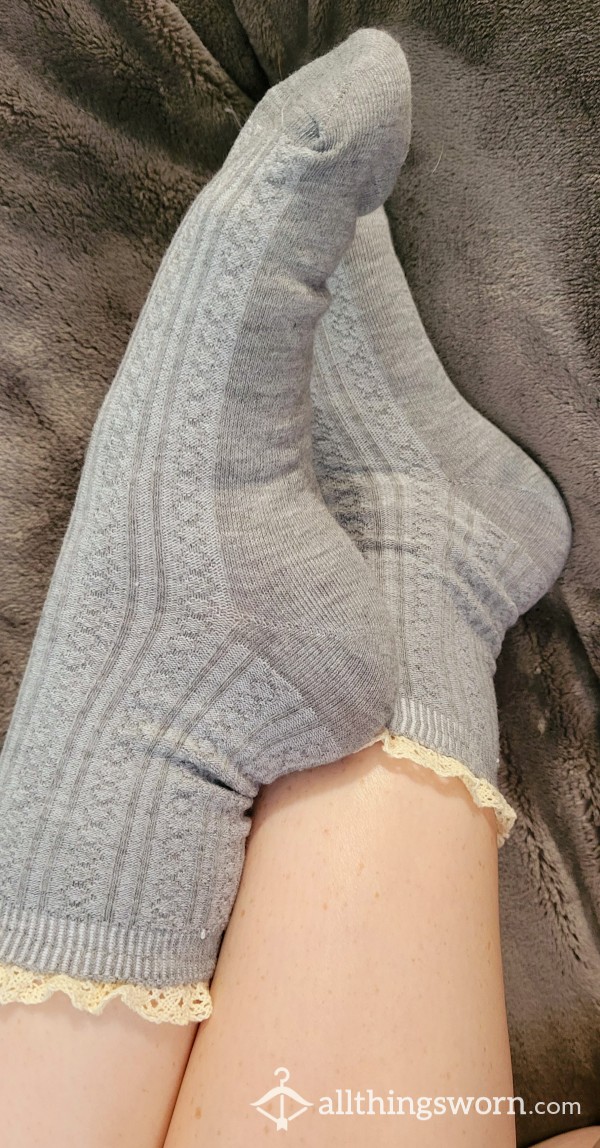 Grey CREW Socks With Frill/crochet Trim - 2 Days Of Wear Free. Shipping Included