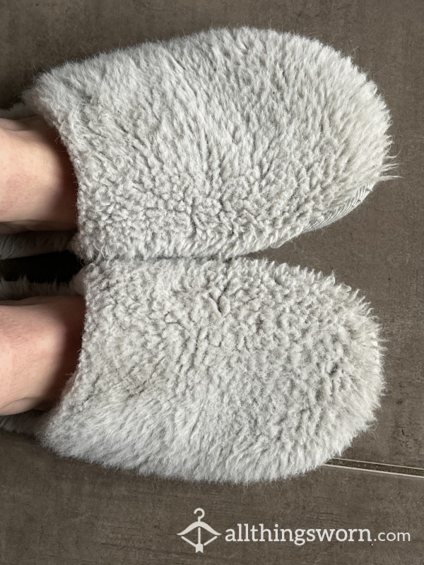 Grey Fluffy Slippers - Worn Everyday Barefoot