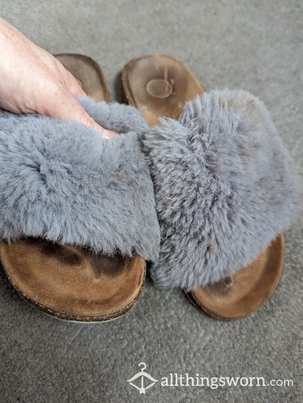 Grey Open Toe Fluffy Slippers