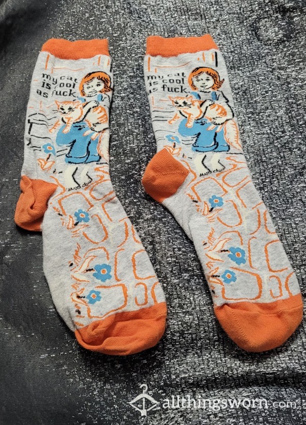 Grey Orange And Blue "My Cat Is Cool As Fuck" Socks