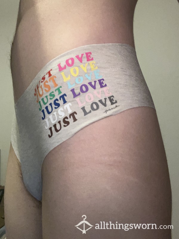 (PENDING) XS Grey PINK Thong With Rainbow “Just Love” Graphic