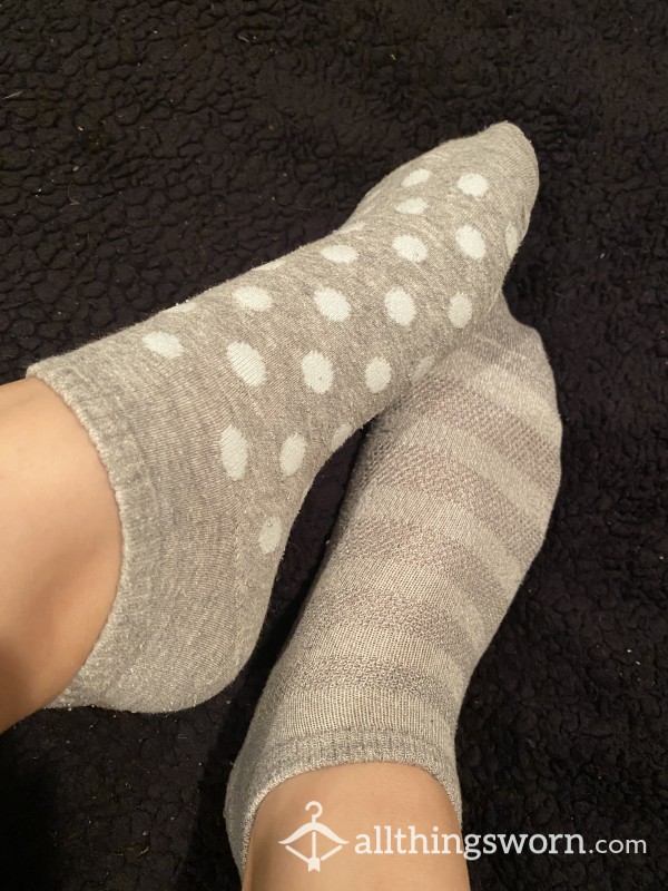 Grey Polka Dot And Striped Ankle Socks
