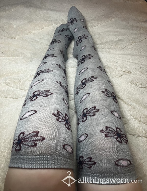 Grey & Purple Flower Knee High Socks!