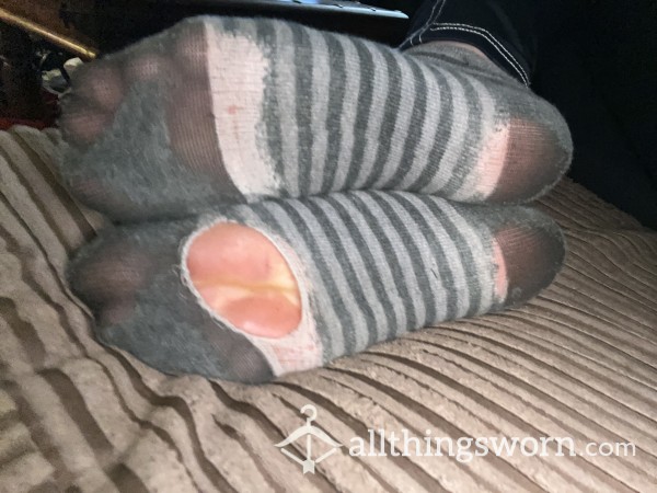 Grey Striped Socks With Big Hole