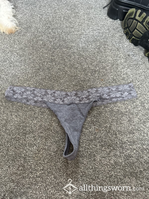 Grey Well-worn Lace Flower Thong