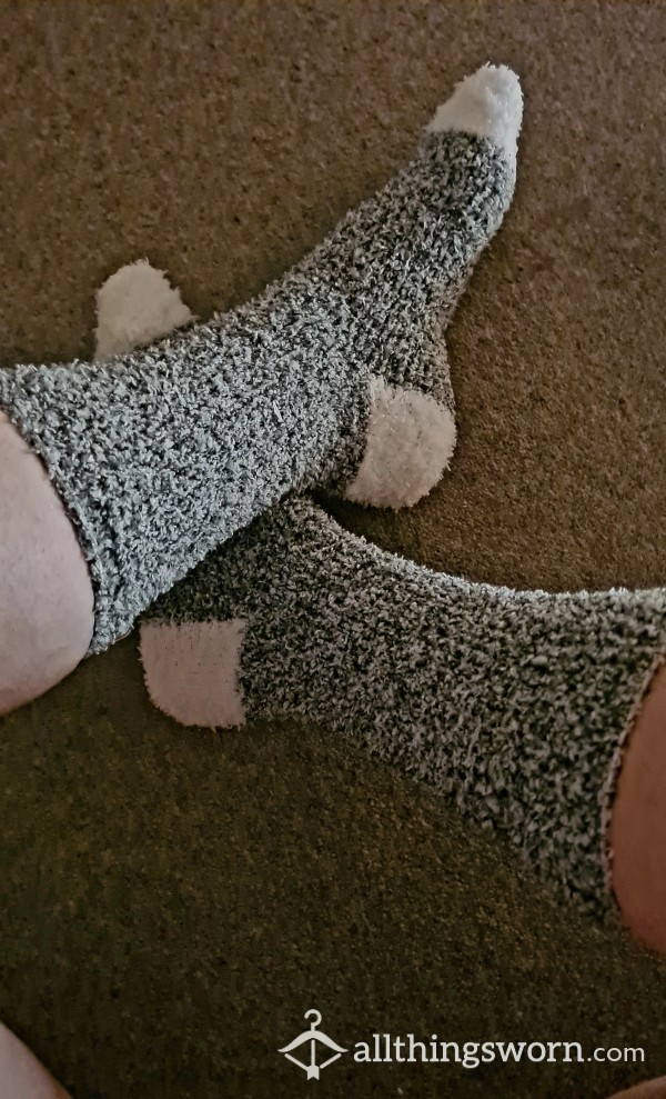 Grey & White Furry Bed Socks. Worn For One Week. Free P&p Uk